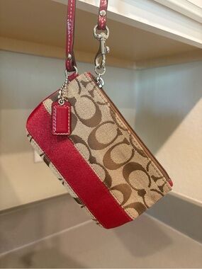 Coach Khaki Signature Canvas Wristlet with Red Trim
